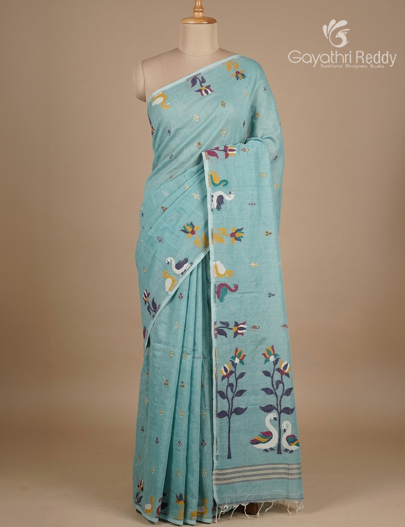 Jamdani Cotton Saree in Sea  Blue