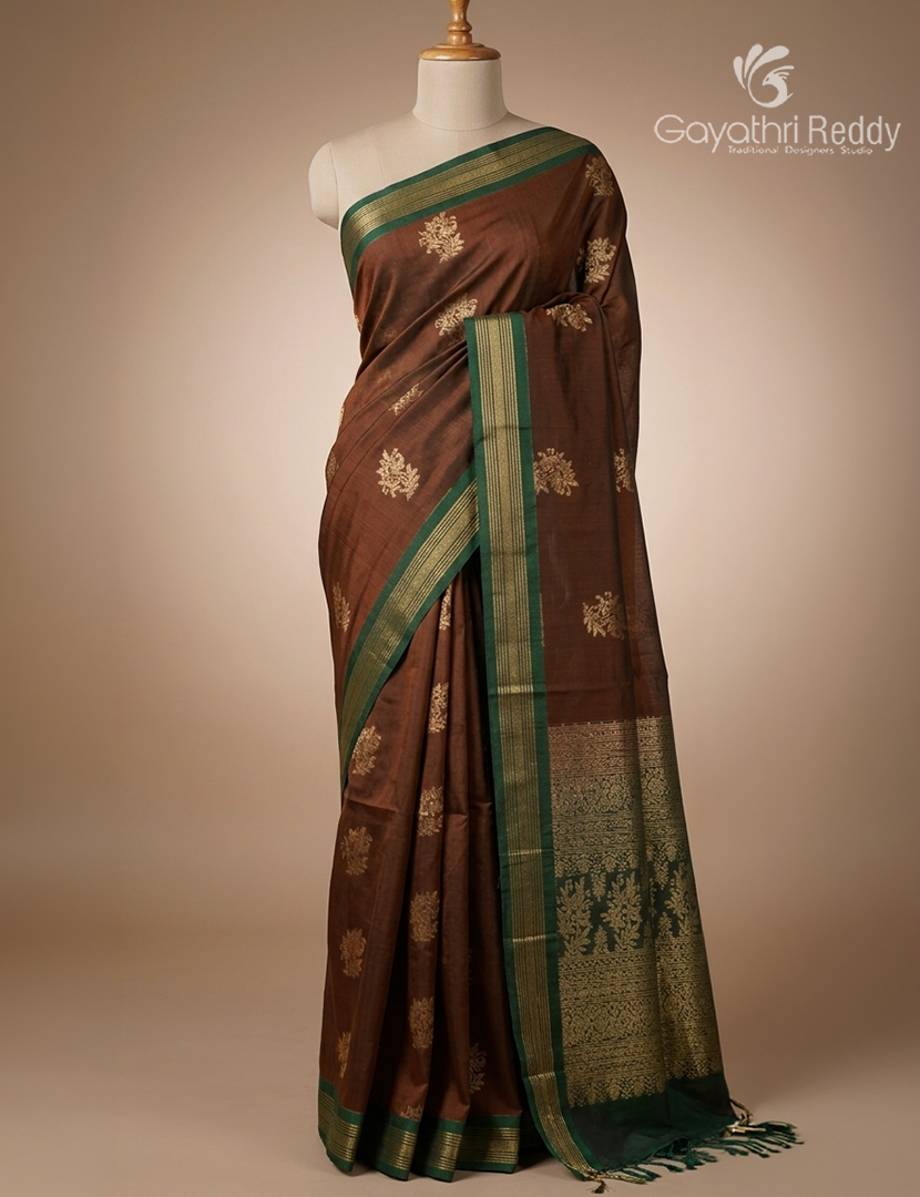 Kanchipuram Sico Saree in Brown and Bottle Green