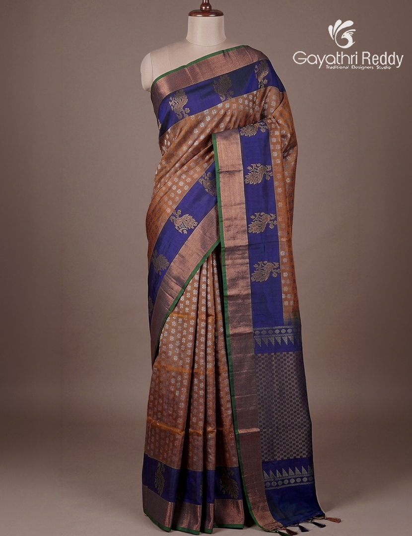 Pure Uppada Silk Saree in Brown and Deep Blue