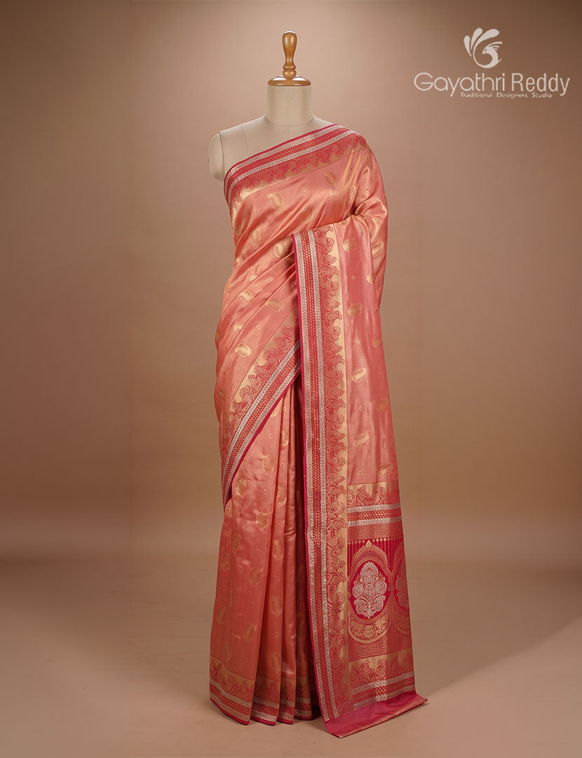 Semi Kanchipuram Silk Fancy Saree in Peach and Rani Pink