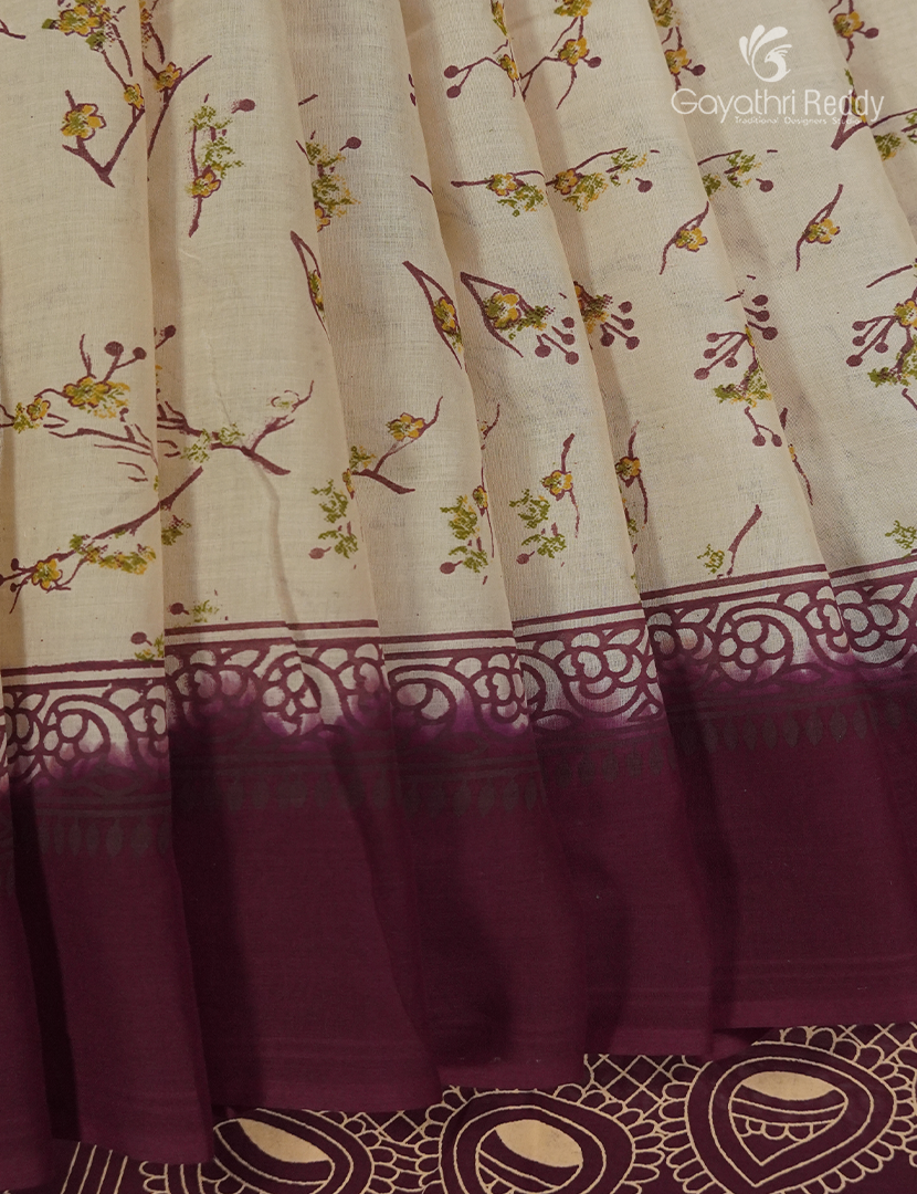Pure MulMul Cotton Saree in Cream and Burgundy