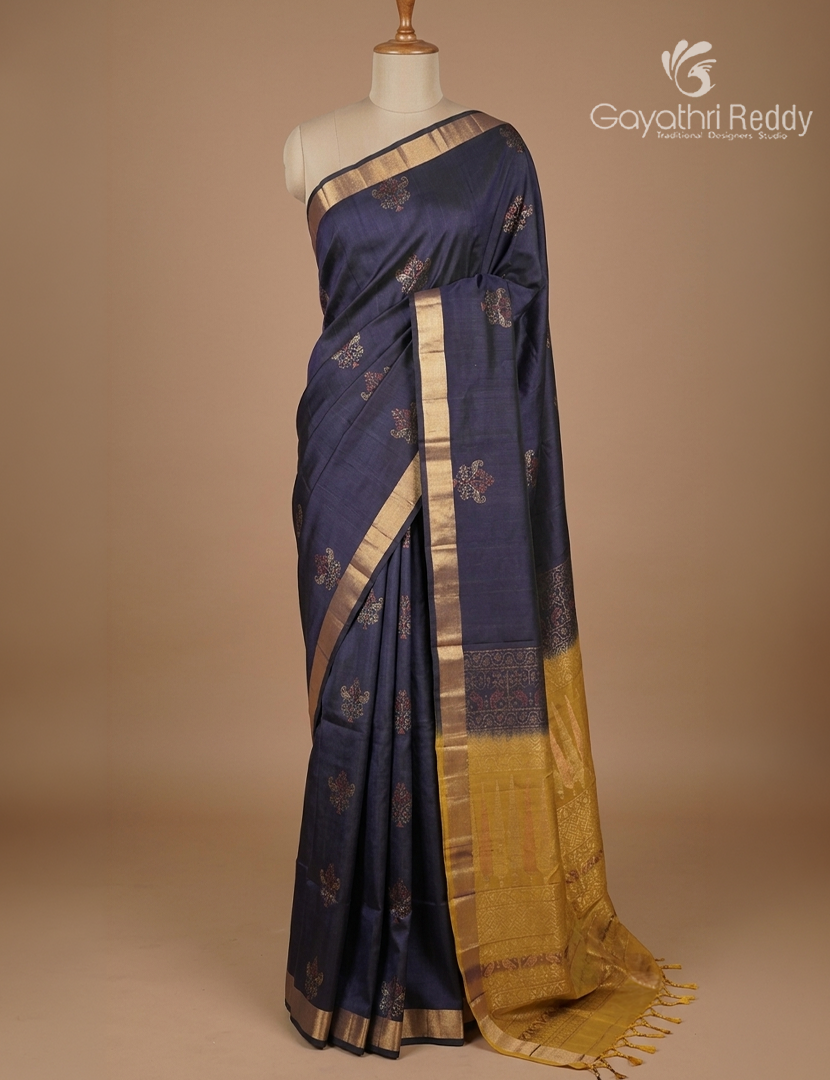 Pure Kanchipuram Soft Silk Saree in Navy Blue and Mustard