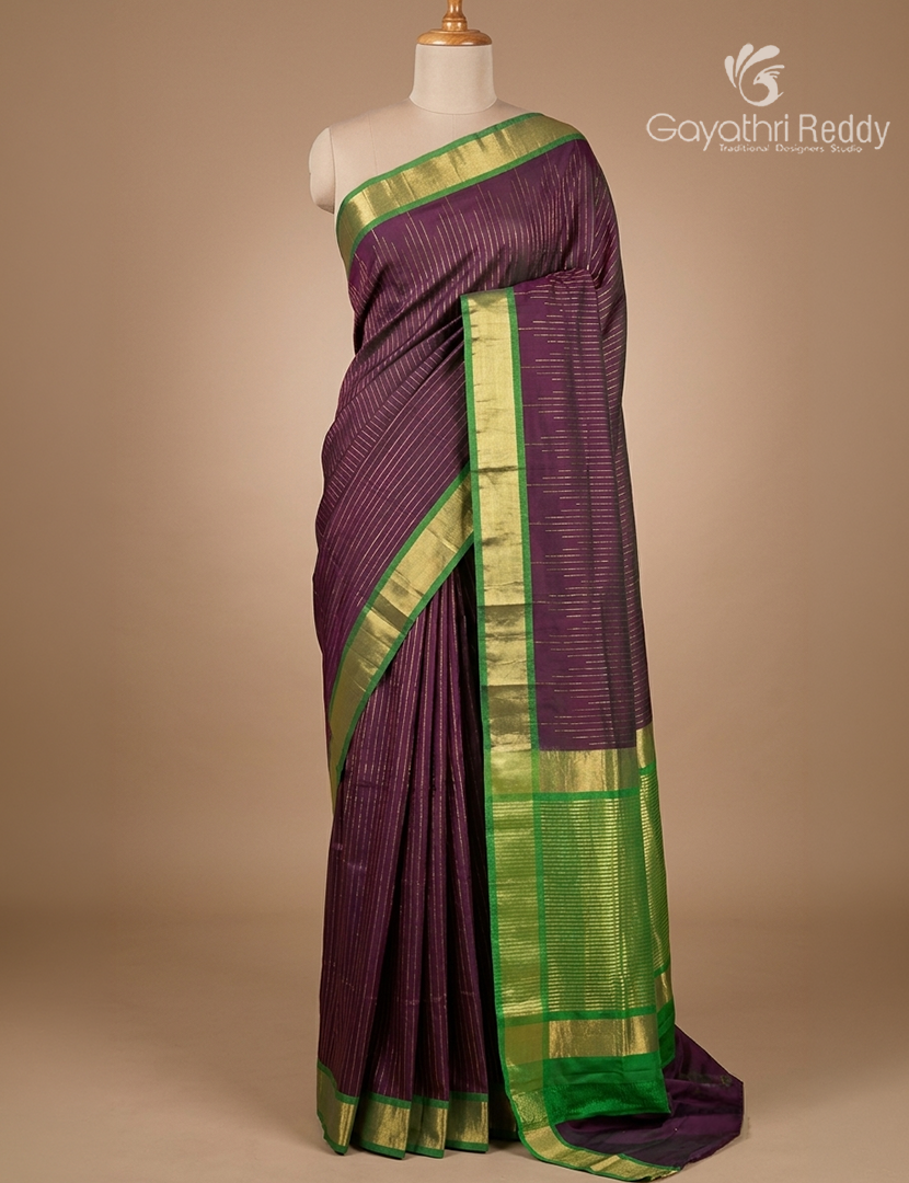 Pure Uppada Silk Saree in Deep Jamun and Parrot Green