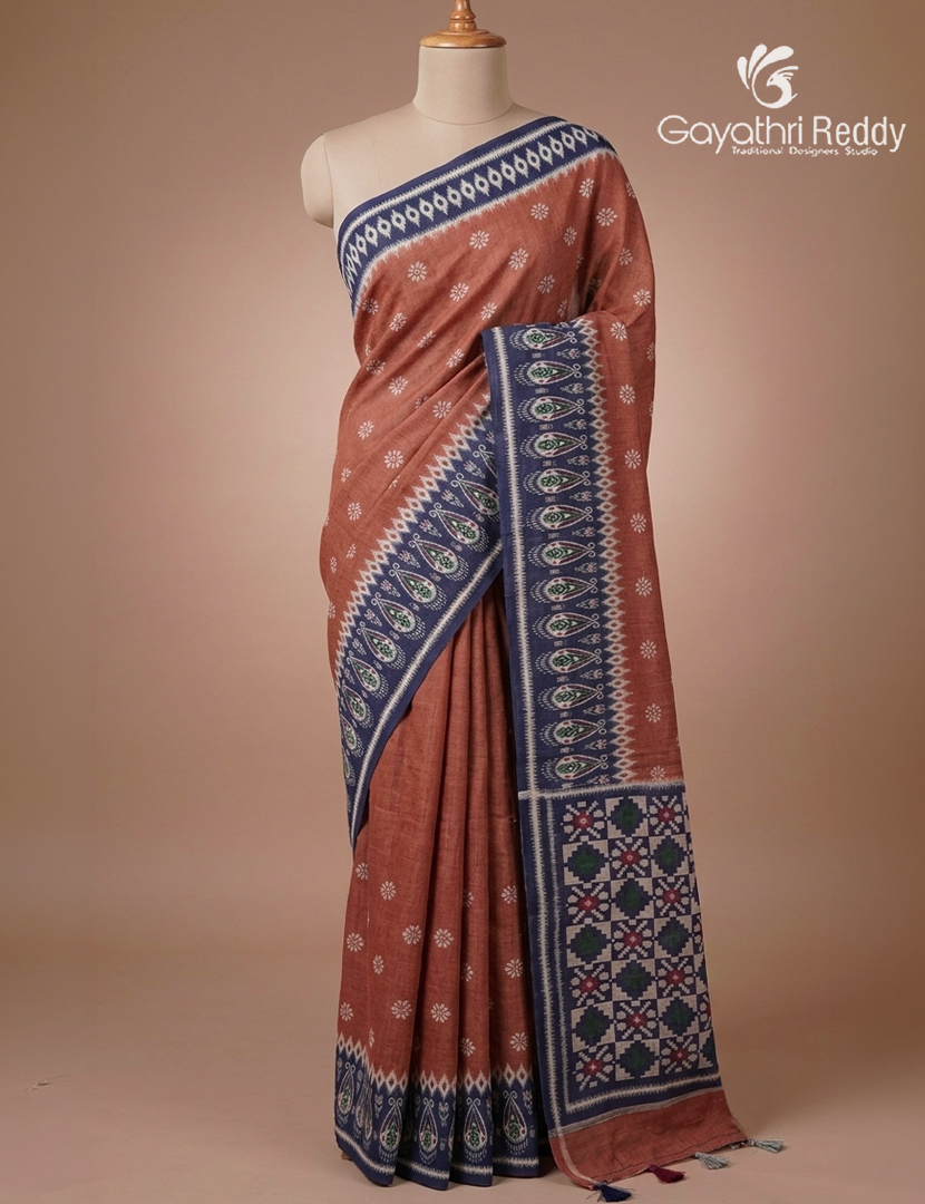 Linen Cotton Saree in Deep Rust