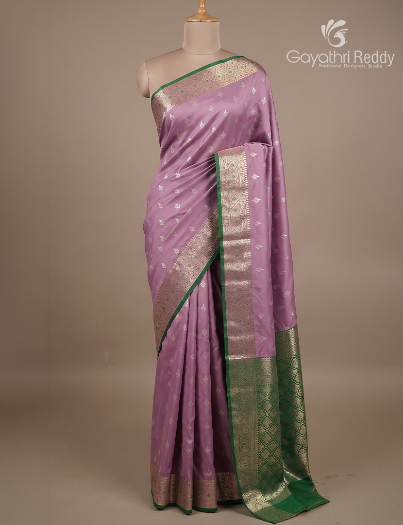 Semi Banaras Katan Silk Saree in Onion Pink and Green