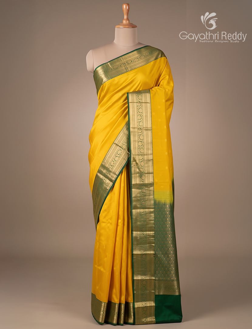 Semi Kanchipuram Silk Saree in Mango Yellow and Bottle Green