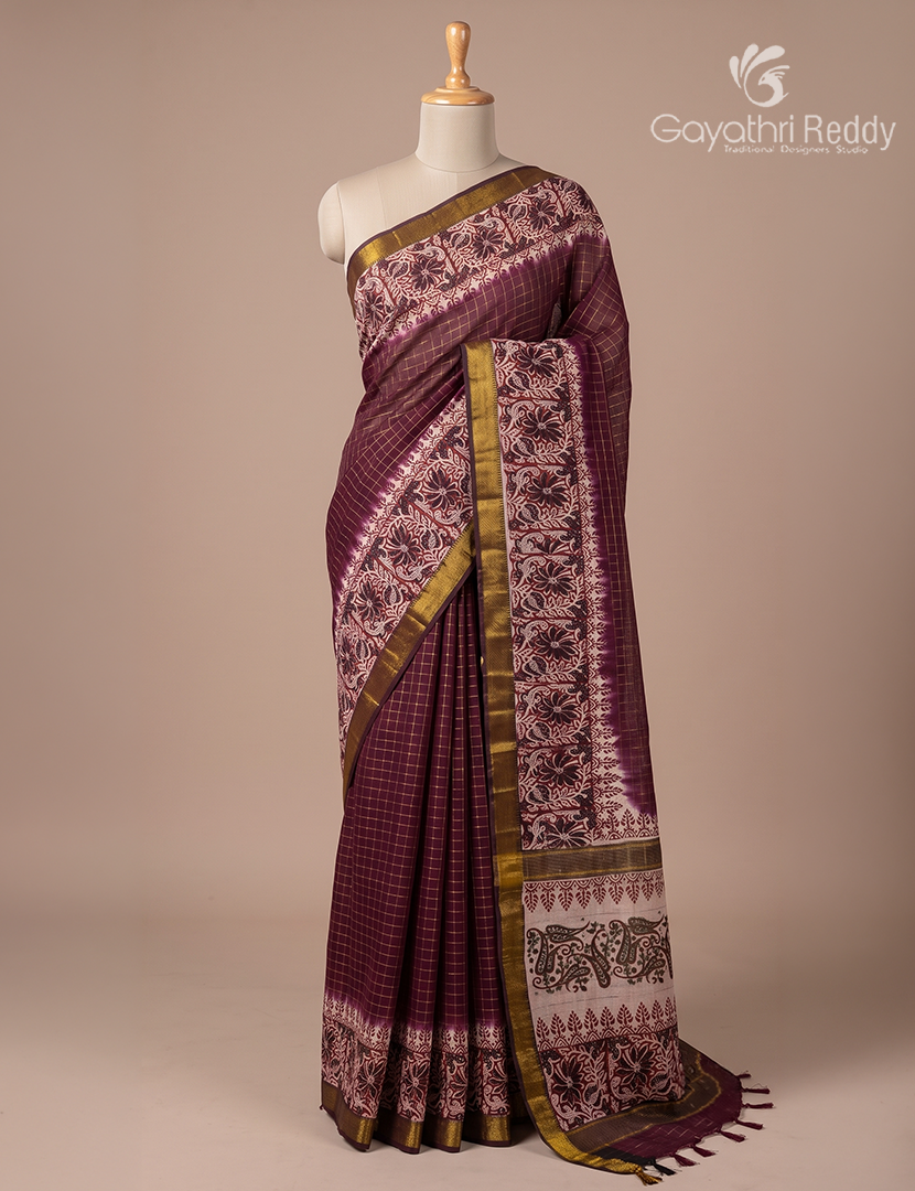 Mangalgiri Kalamkari Saree in Deep Maroon and Ivory