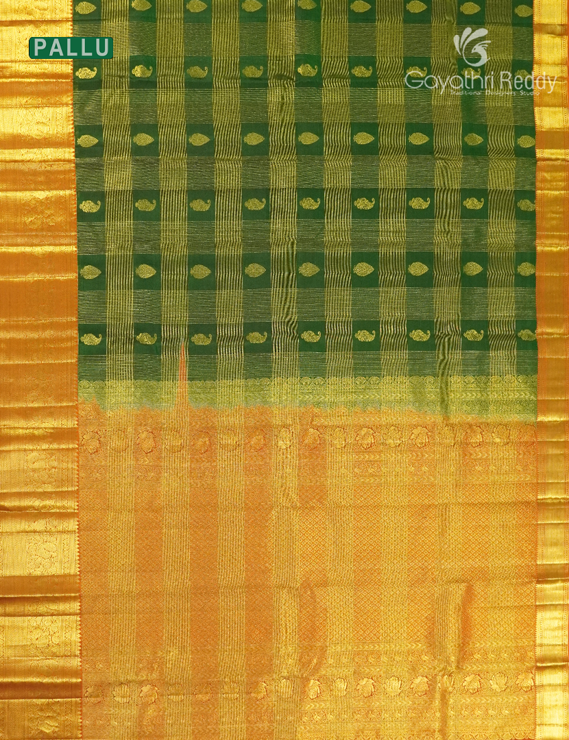 Pure Kanchipuram Silk Vintage Saree in Deep Mango Green and Rust Orange