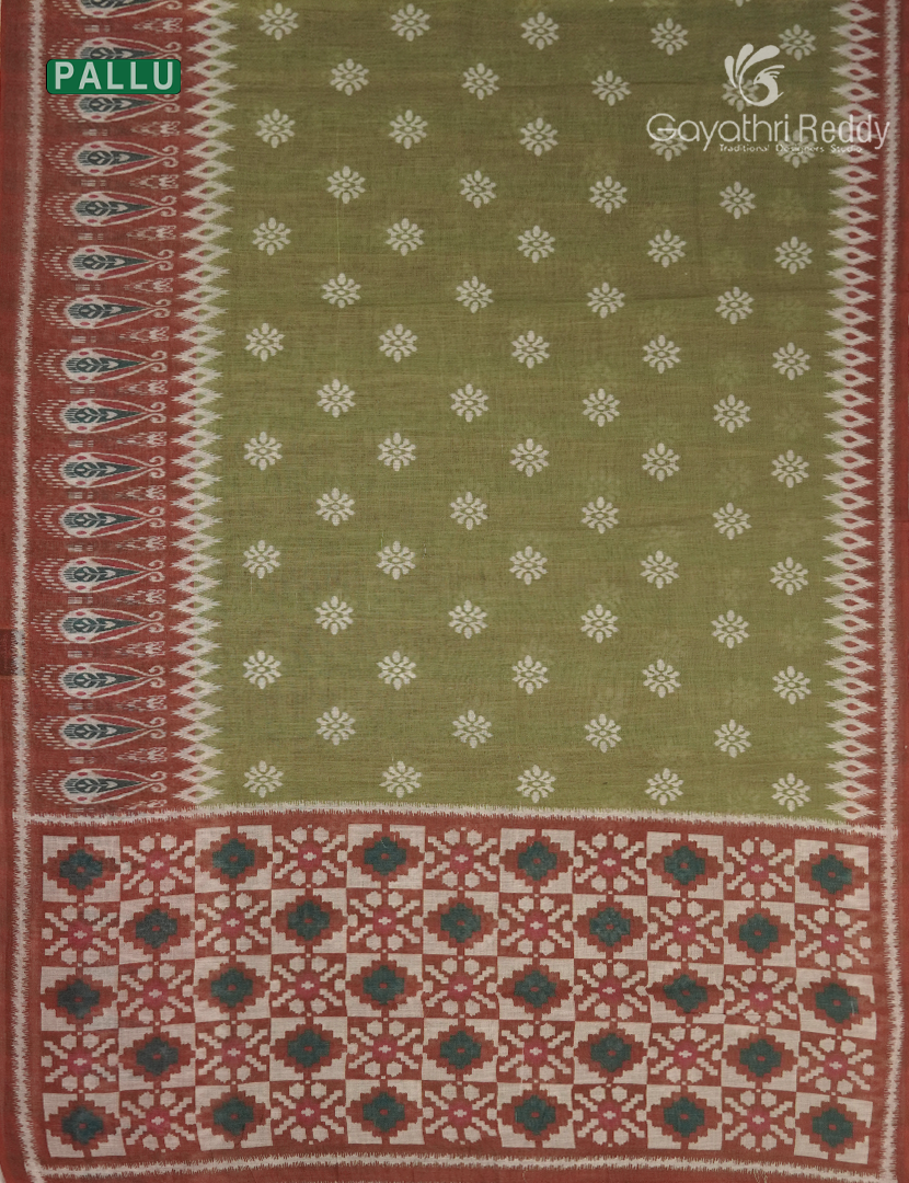 Linen Cotton Saree in Olive Green
