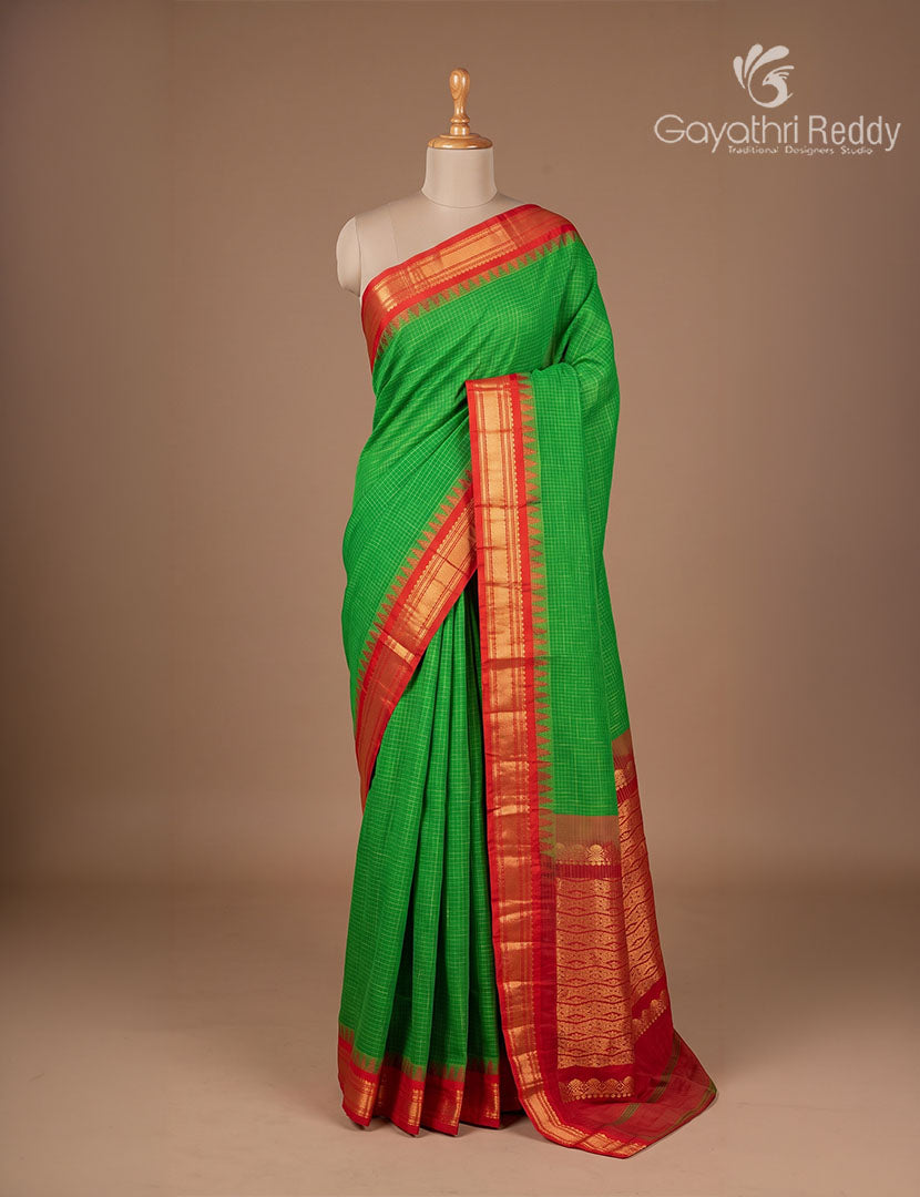 Pure Gadwal Cotton Saree in Mango Green and Red