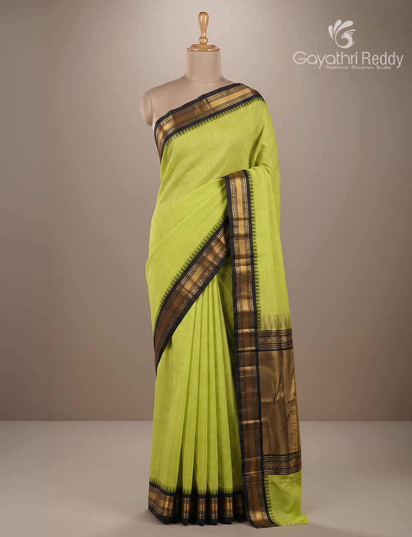Pure Gadwal Cotton Saree in Apple Green and Black
