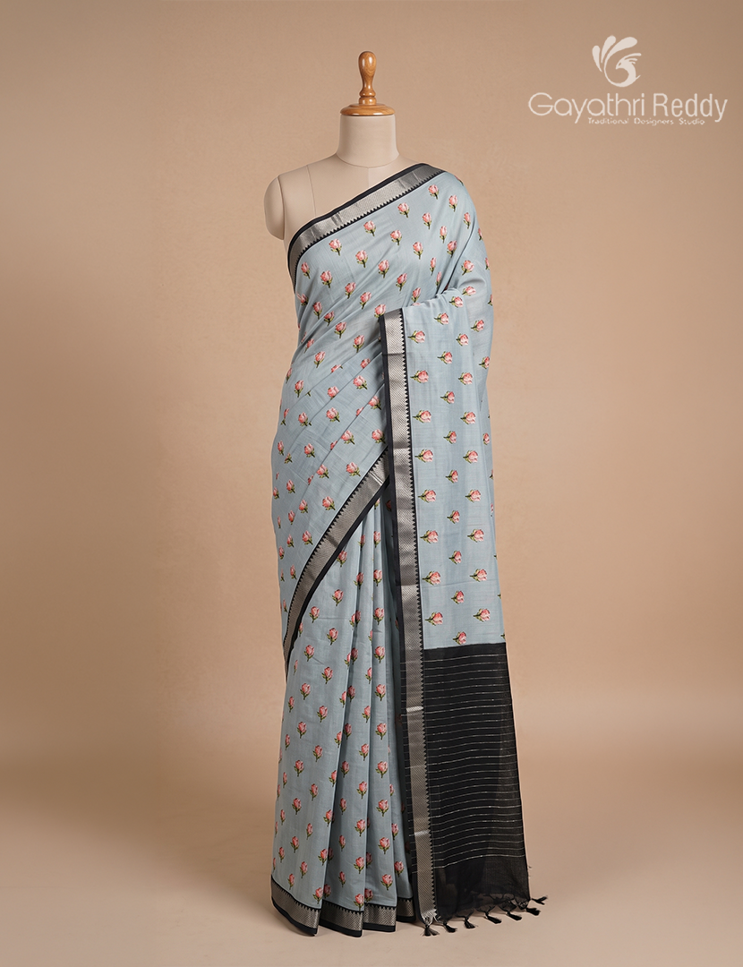 Mangalagiri Pattu Saree in Light Grey and Black
