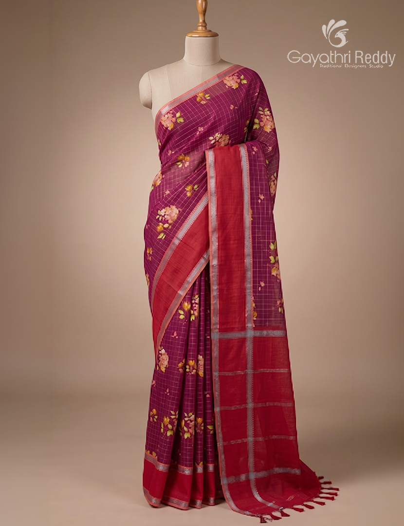 Mangalgiri Printed Saree in Magenta and Rani Pink