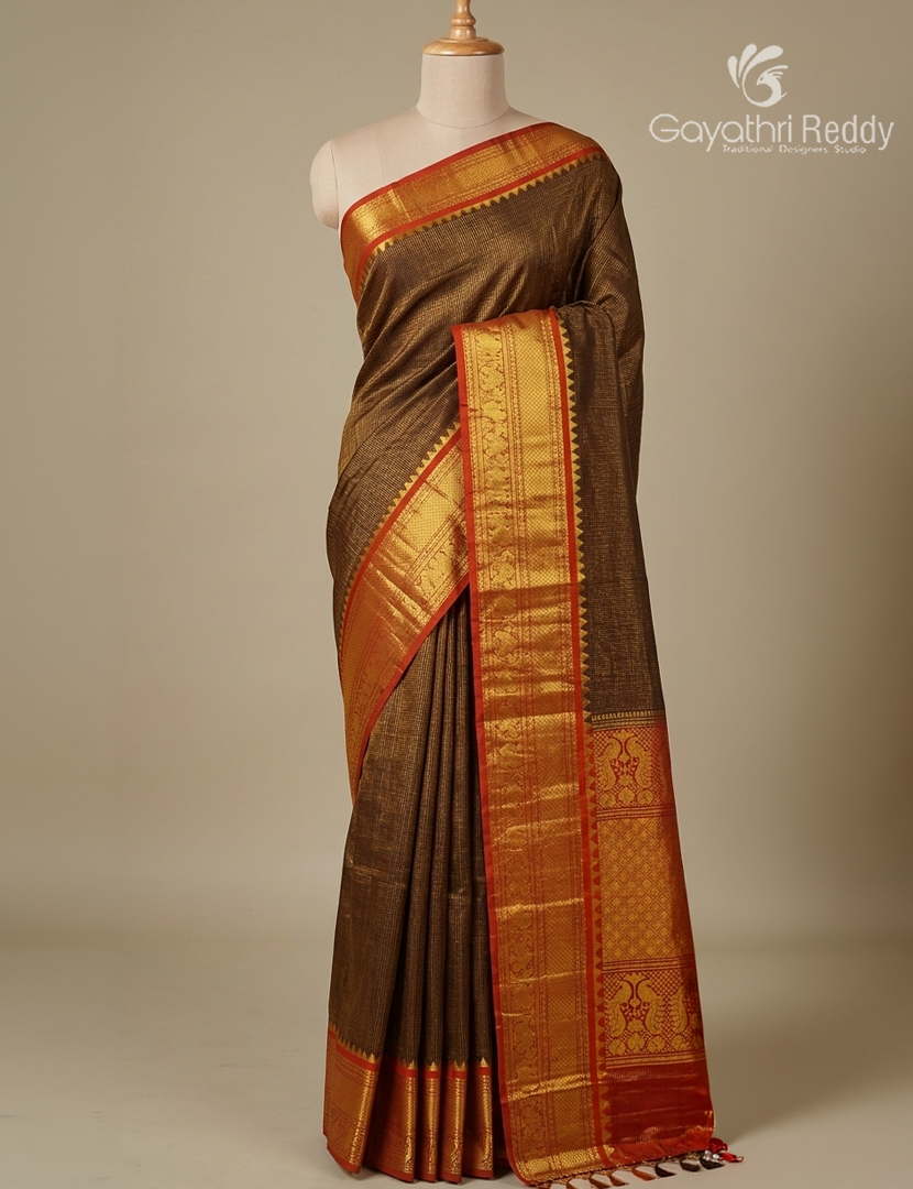 Pure Gadwal Silk Saree in Deep Snuff and Deep Rust