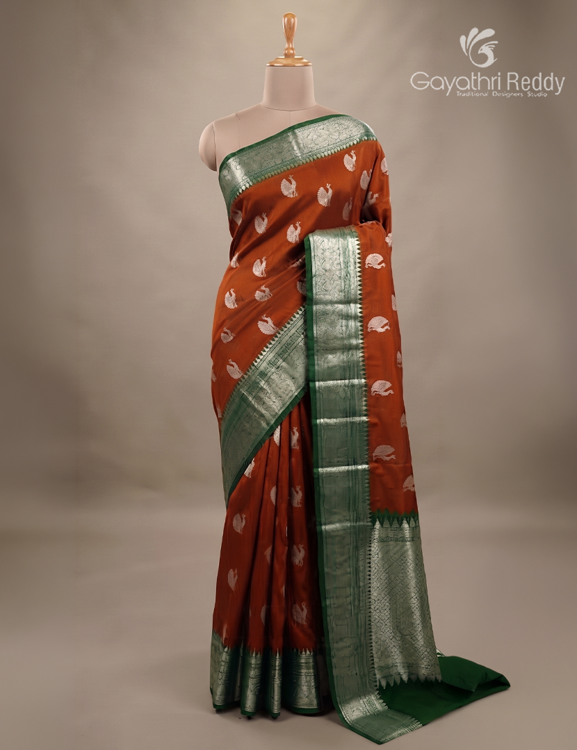 Pure Venkatagiri Silk Saree in Deep Rust and Mango Gree