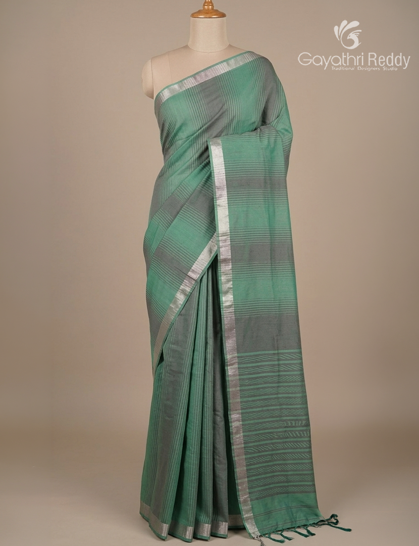 Pure Kanchi Cotton Saree in Sea Green and Grey