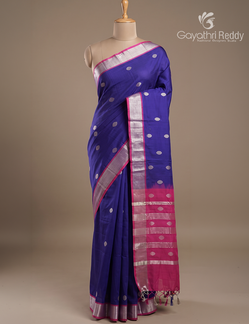 Pure Arani Sico Saree in Deep Blue and Rani Pink