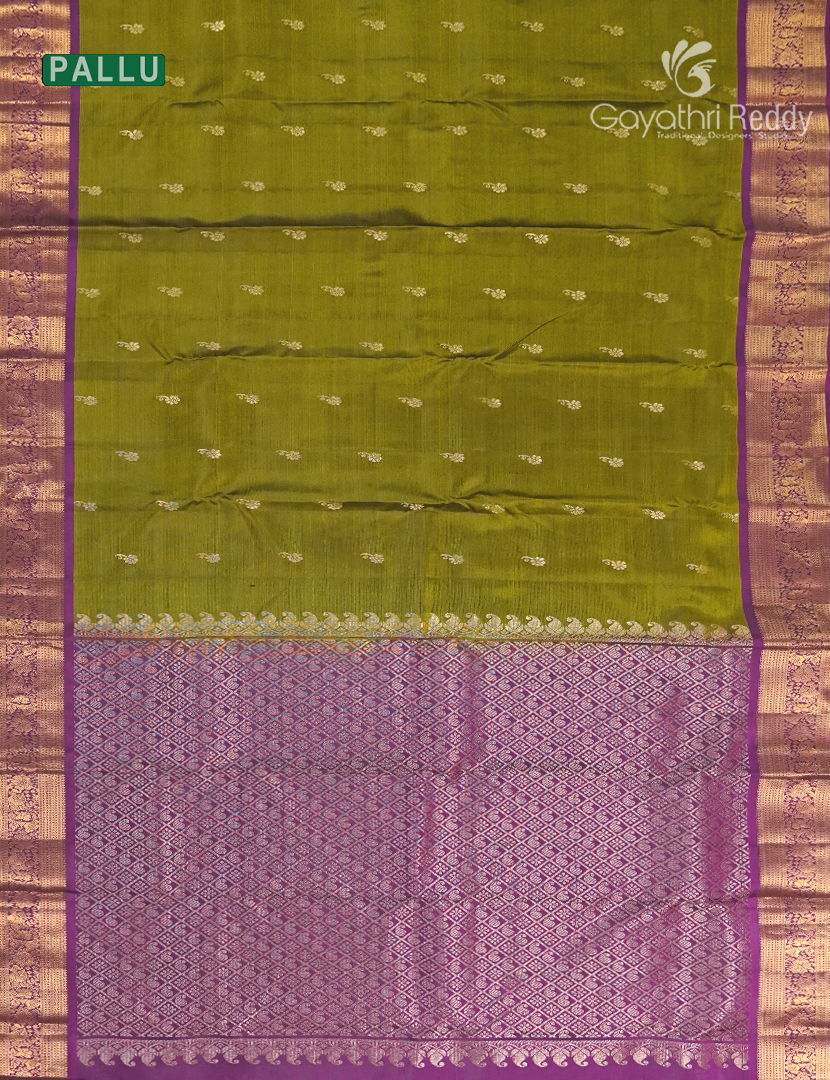 Pure Kanchipuram Silk Saree in Mehendi Green and Purple