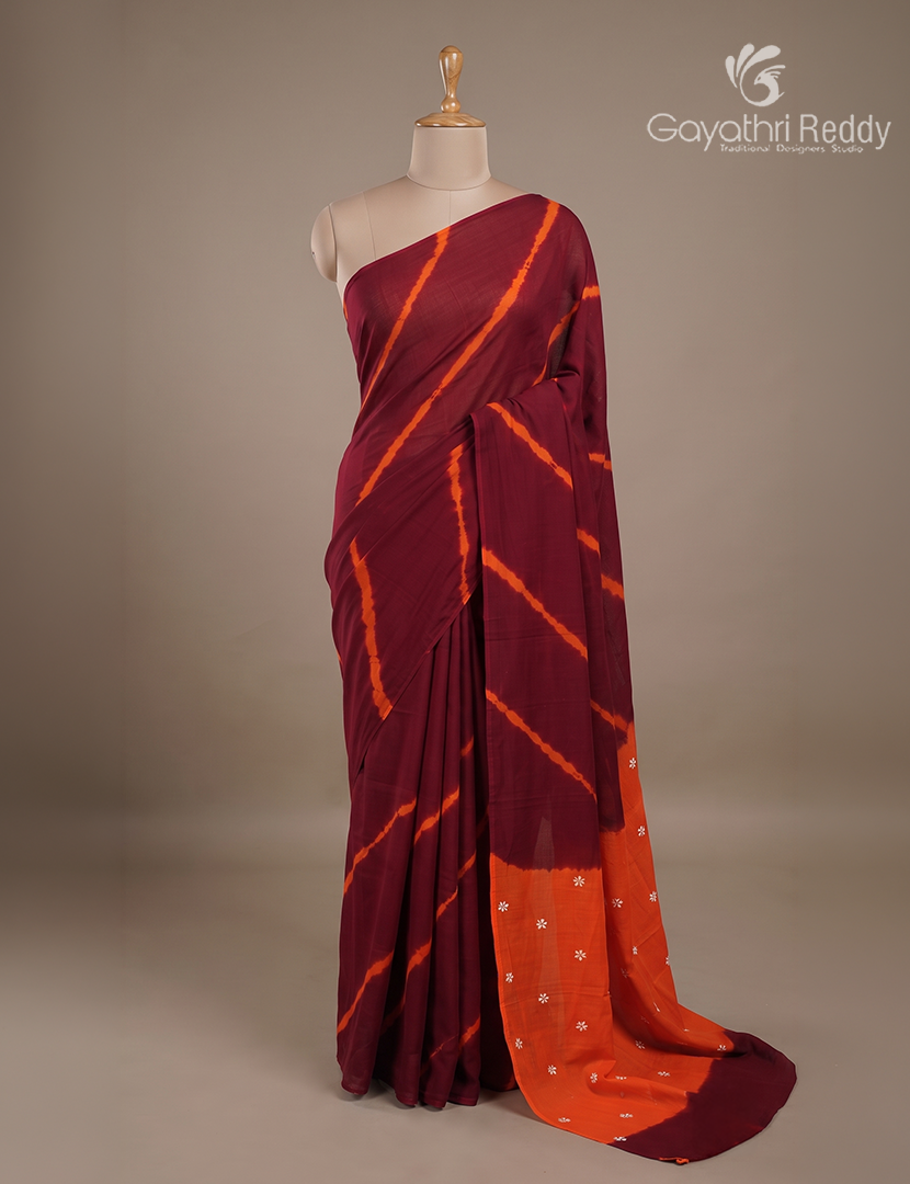 Pure MulMul Cotton Saree in Rust Maroon and Orange