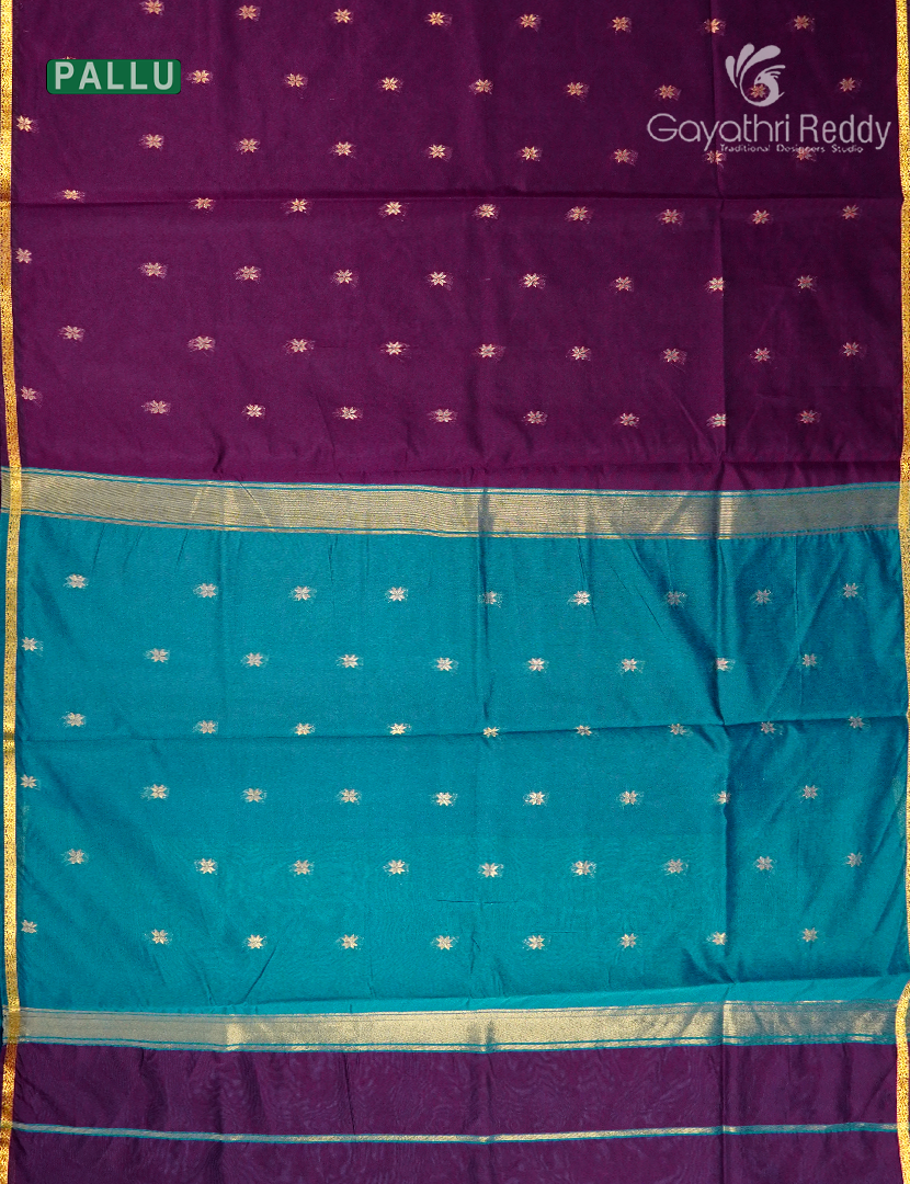 Silk Cotton Saree in Deep Purple and Sea Blue