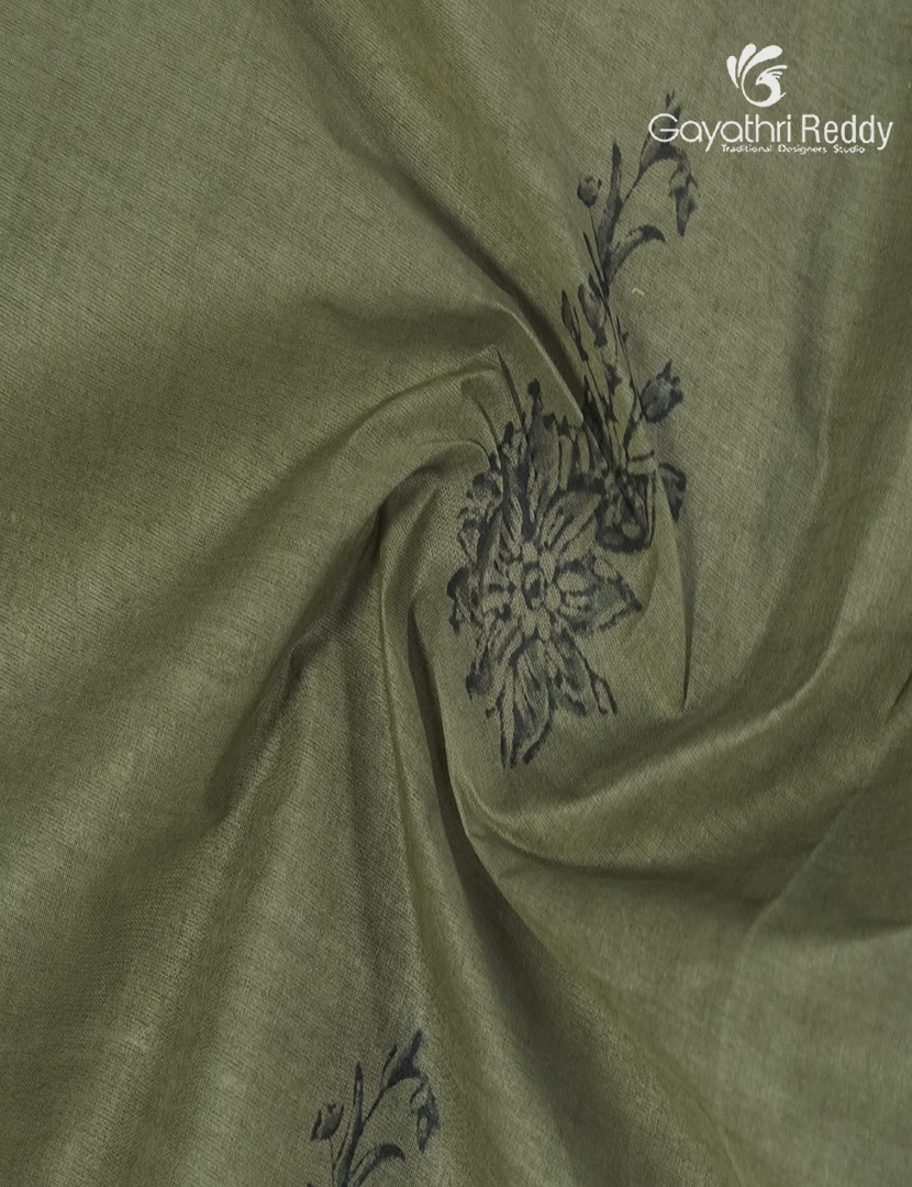 Block Print Cotton Saree in Olive Grey and Purple