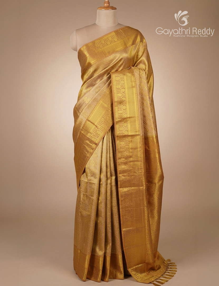 Pure  Kanchipuram Silk Saree in Pastel Peach and Gold (  Brocade Pattern )