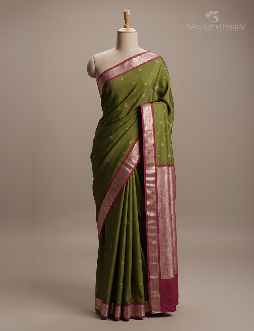 Soft Silk Saree in Deep Olive Green and Deep Magenta