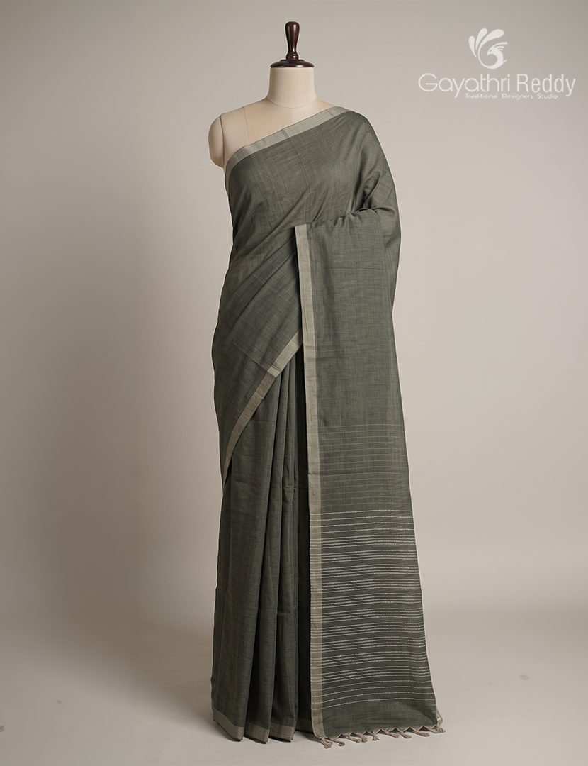 Pure Handloom Cotton Saree in Deep Olive Grey