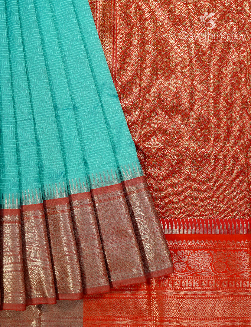 Semi Katan Silk Saree in Teal and Red
