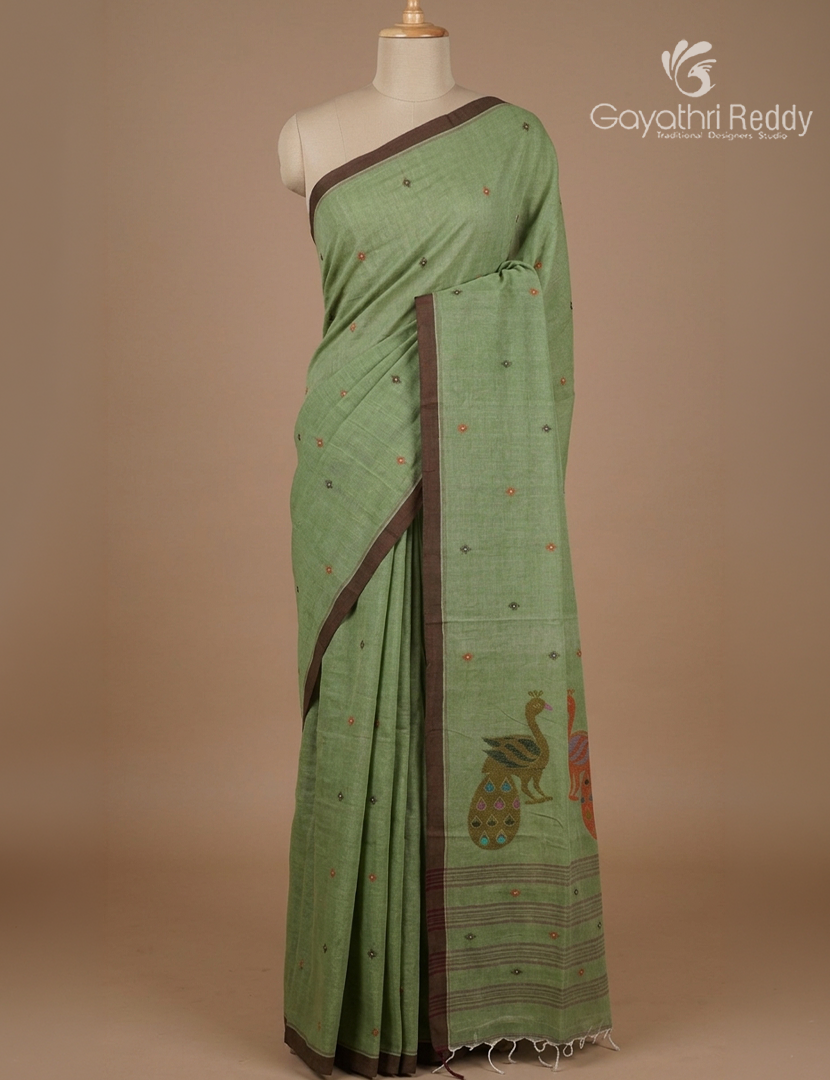 Jamdani Cotton Saree in Olive Green