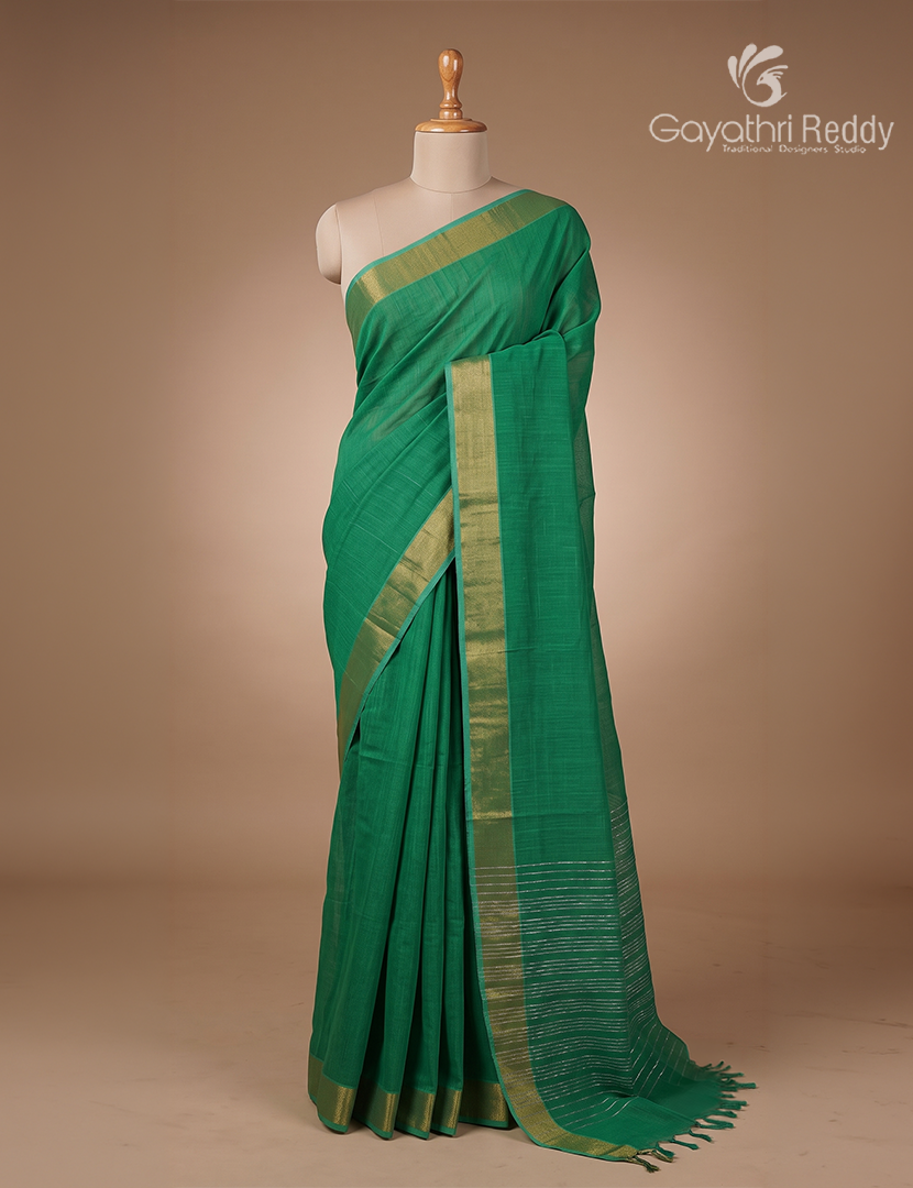 Pure Handloom Cotton Saree in Rama Green