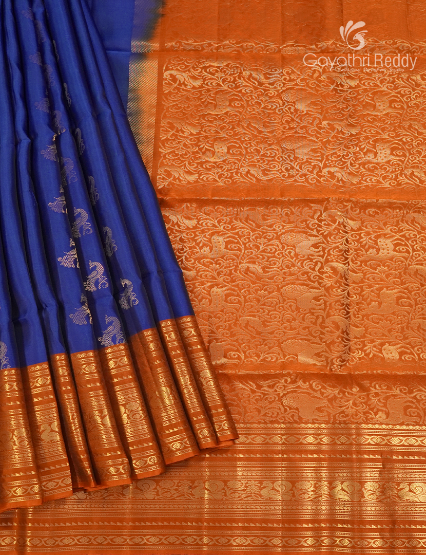 Pure Kanchipuram Soft Silk Saree in Blue and Rust Orange
