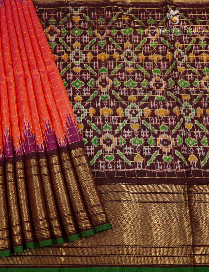Pure Ikat Silk Saree in Peachish Orange and Brown