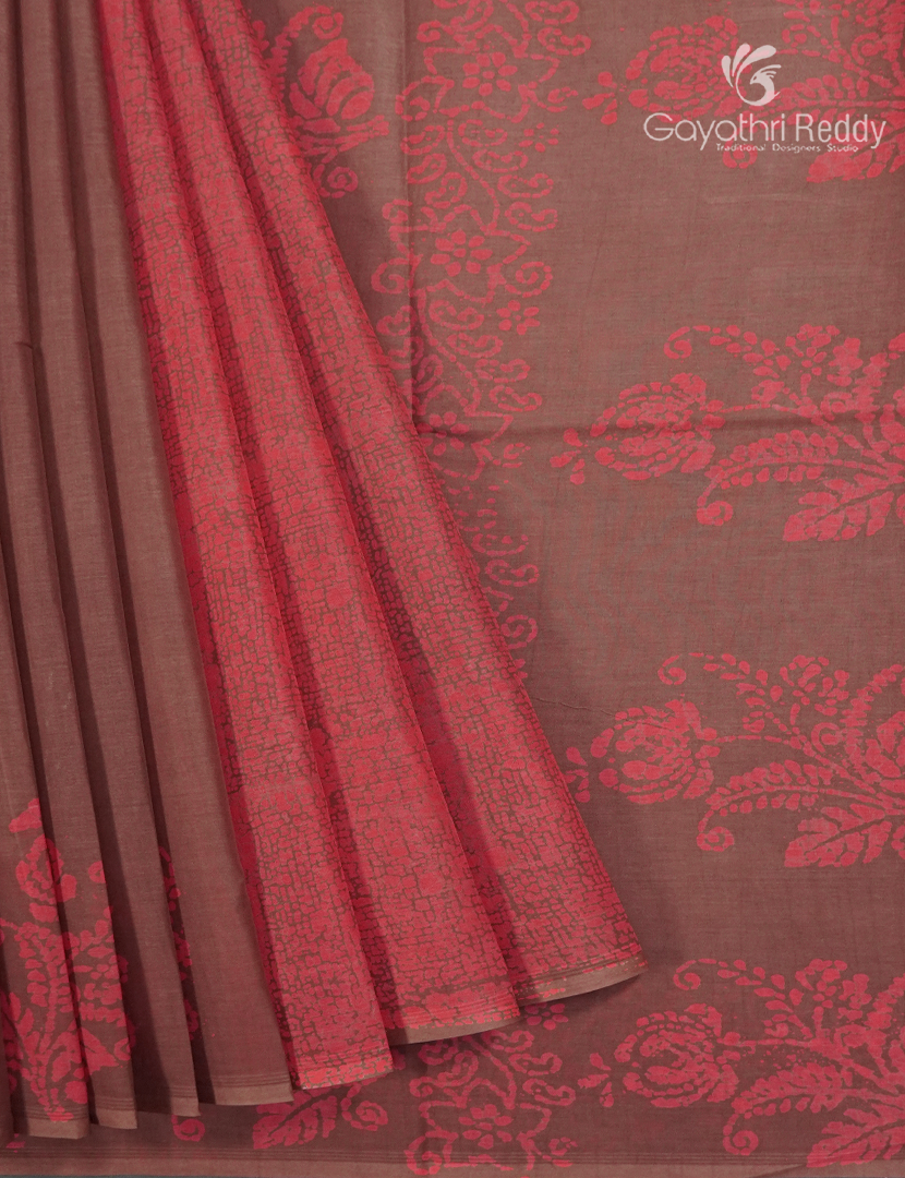 Cotton Batik Print Saree in Peach and Earthy Brown
