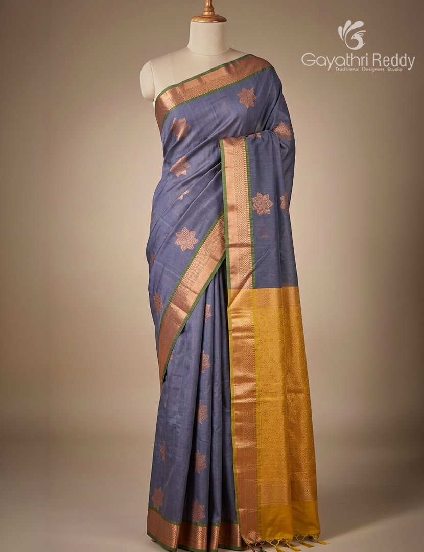 Kanchipuram Sico Saree in Ash Grey and Yellow