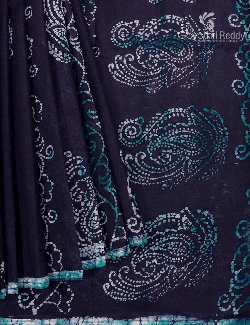 Cotton Batik Print Saree in Navy blue and Sea Blue