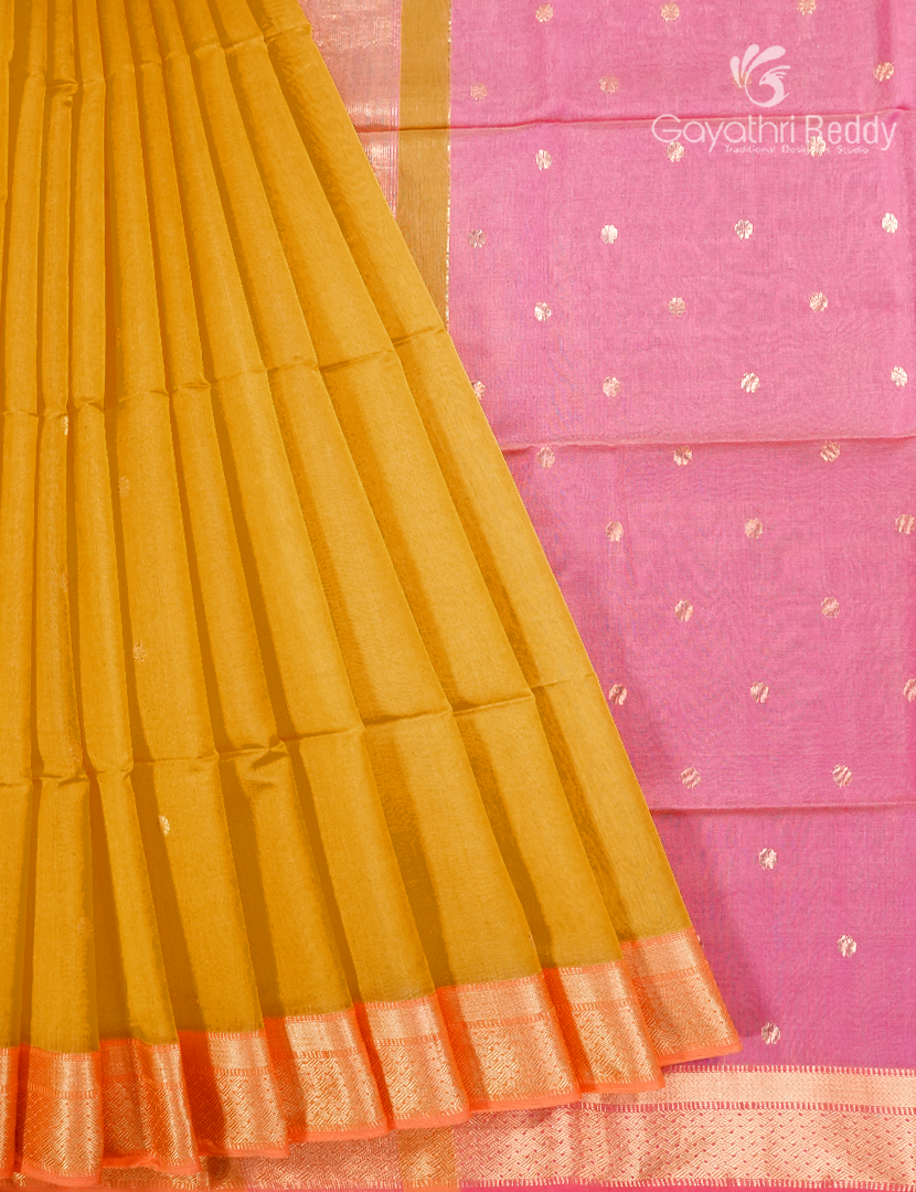 Pure Chanderi Sico Saree in Light mustard and Baby Pink