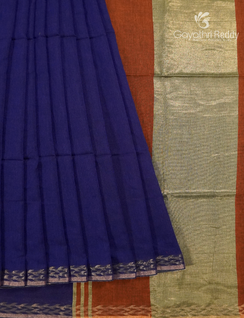 Jamdani Cotton Saree in Deep Blue and Deep Rust