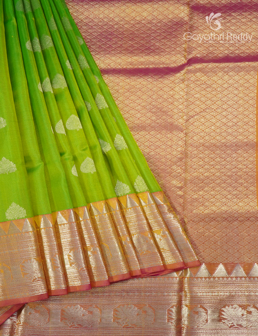 Pure Venkatagiri Silk Saree in Parrot Green and Orange