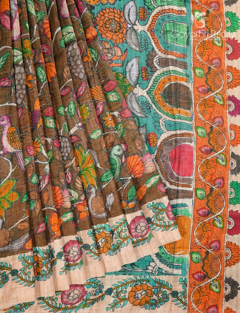 Semi Tussar Silk Saree in Deep Dry Mehendi and Sea Foam Green
