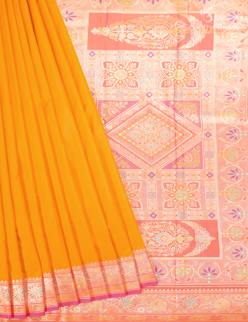 Semi Kanchipuran Silk Saree in Tangarine and Peach Pink