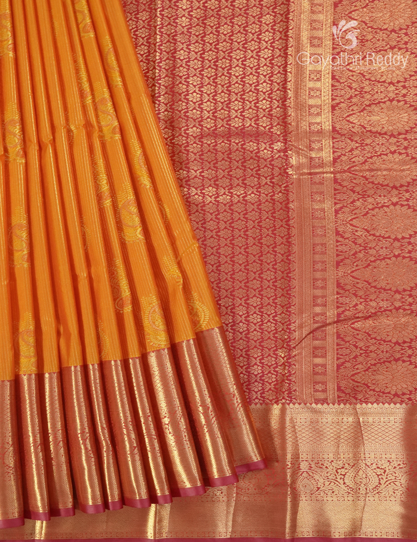 Semi Kanchipuram Silk Saree in Tangarine and Red