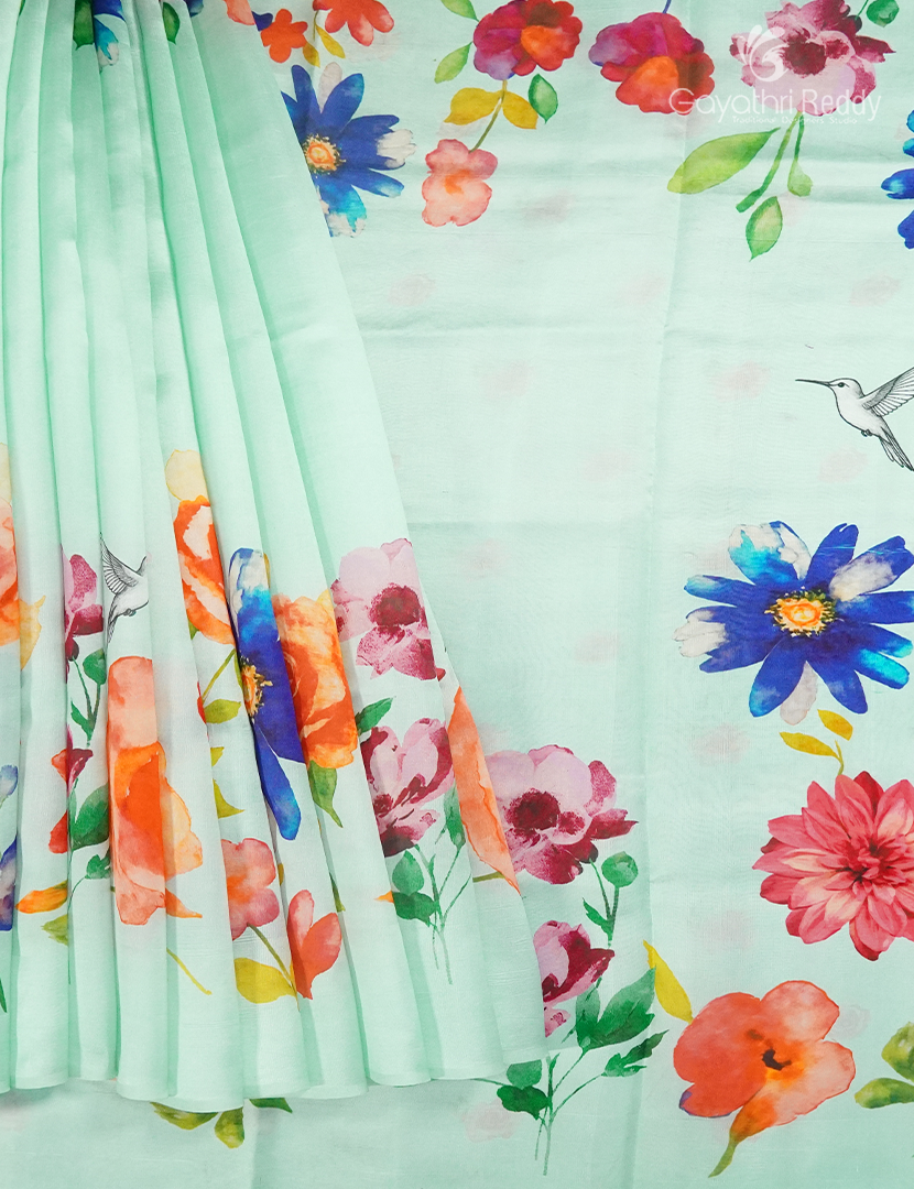 Pure Dupion Digital Print Saree in Pastel Mint Green