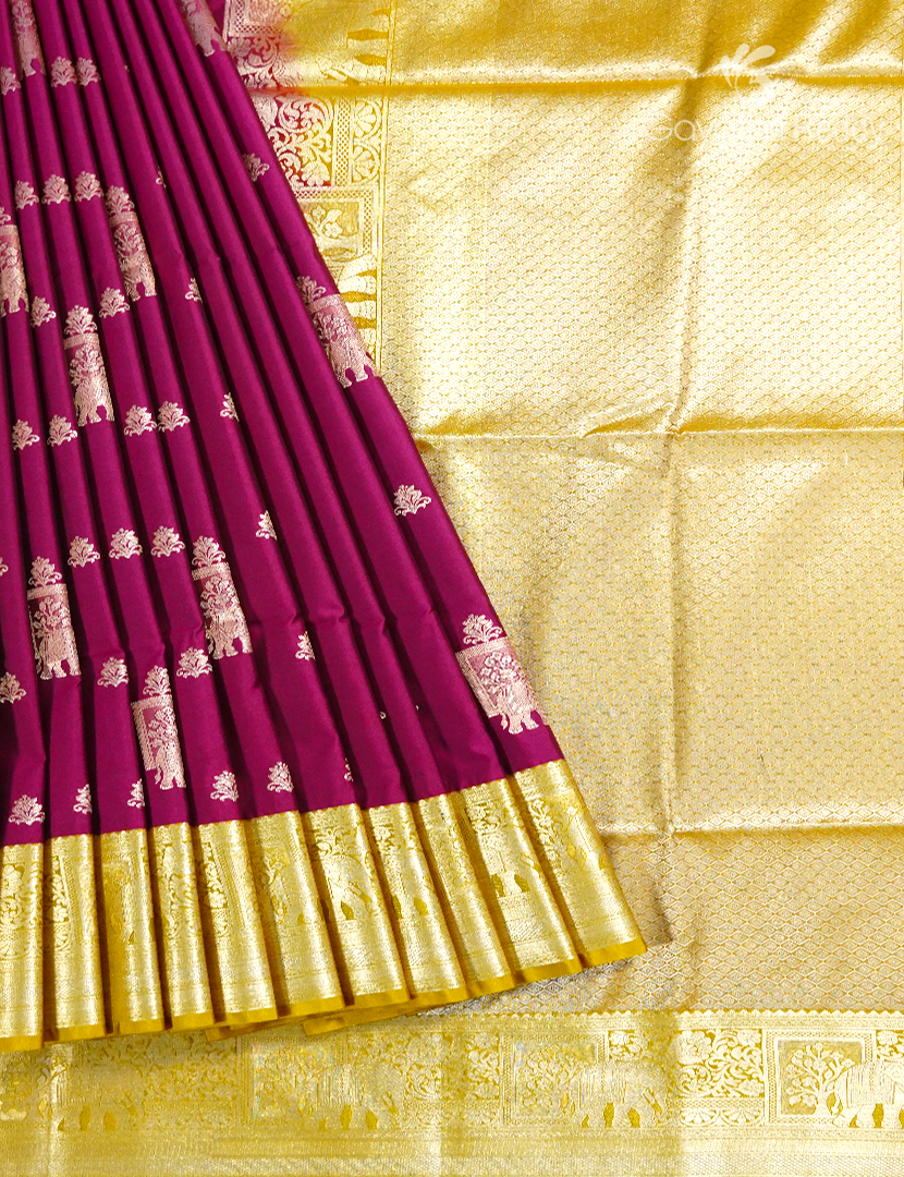 Soft Silk Saree in Deep Magenta Pink and Yellow
