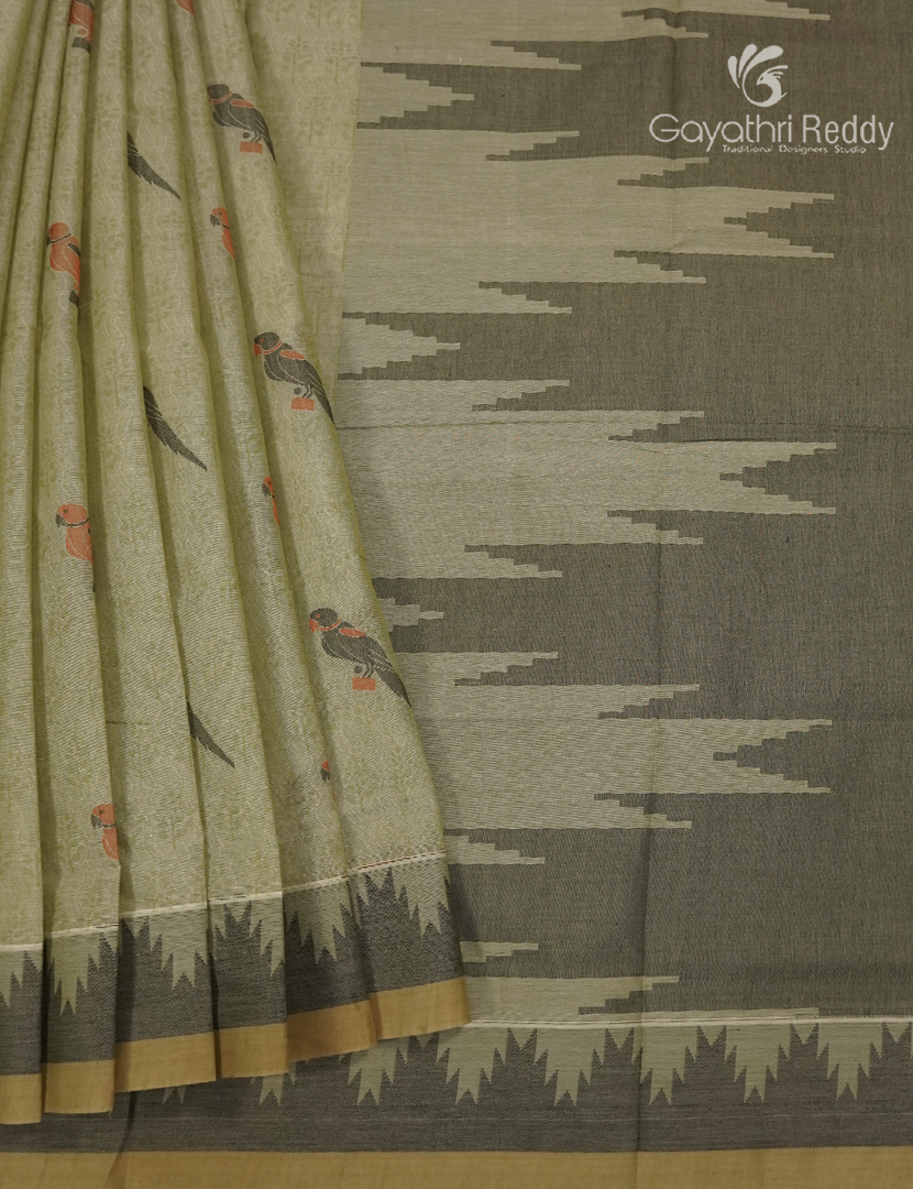 Pure Kanchi Cotton Saree in Olive Green