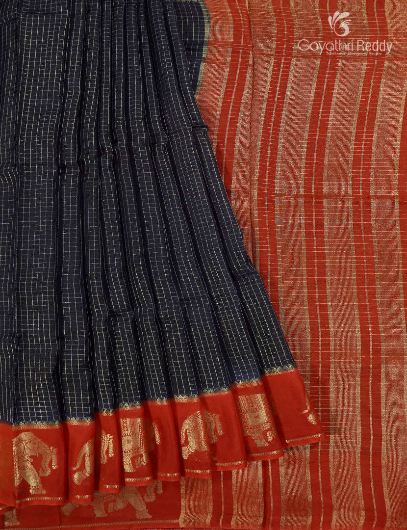 Semi Mysore Crepe Saree in Deep Navy Blue and Orange