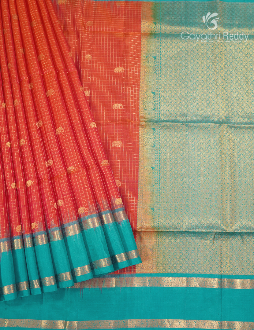 Pure Kanchipuram Vintage Silk Saree in Orange and Sea Blue