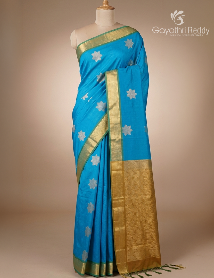 Kanchipuram Sico Saree in Blue and Yellow
