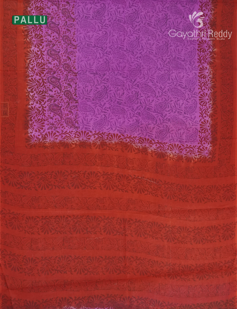 Block Print Cotton Saree in Lavender and Red