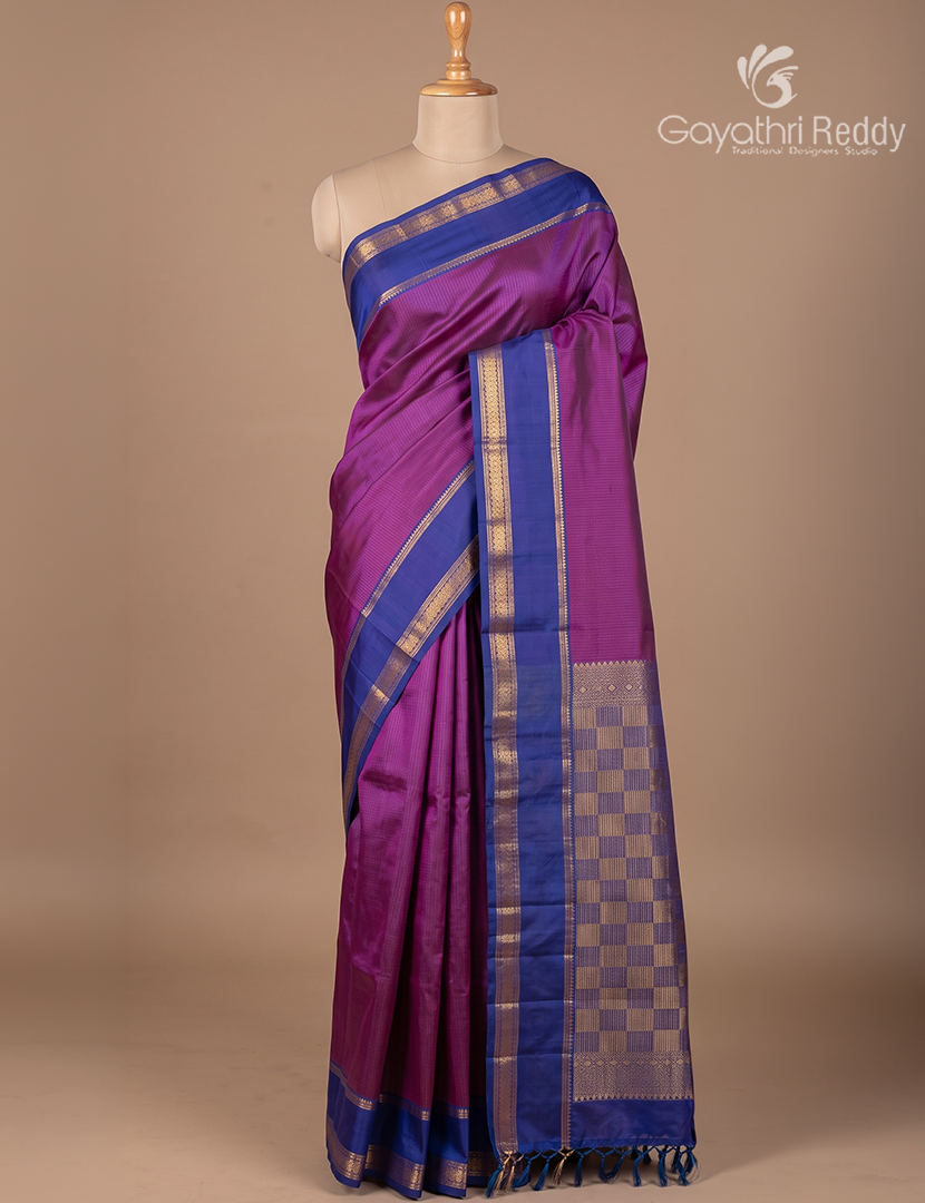 Pure Kanchipuram Silk Saree in Deep Purple and Deep Blue  (Light Weight)